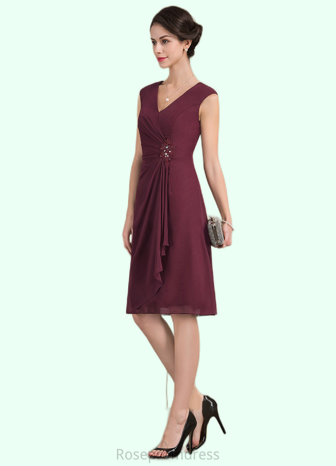 Abigail A-Line V-neck Knee-Length Chiffon Mother of the Bride Dress With Beading Sequins Cascading Ruffles SRS126P0014750