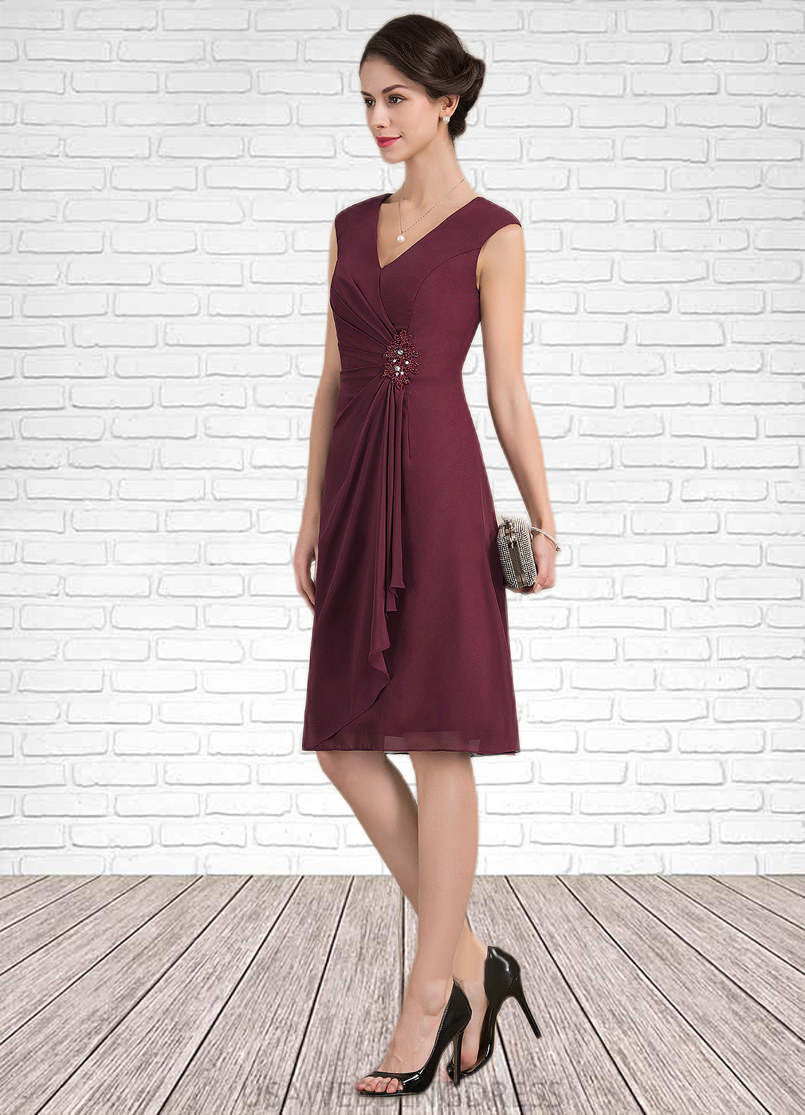 Renata A-Line V-neck Knee-Length Chiffon Mother of the Bride Dress With Beading Sequins Cascading Ruffles DS126P0014750