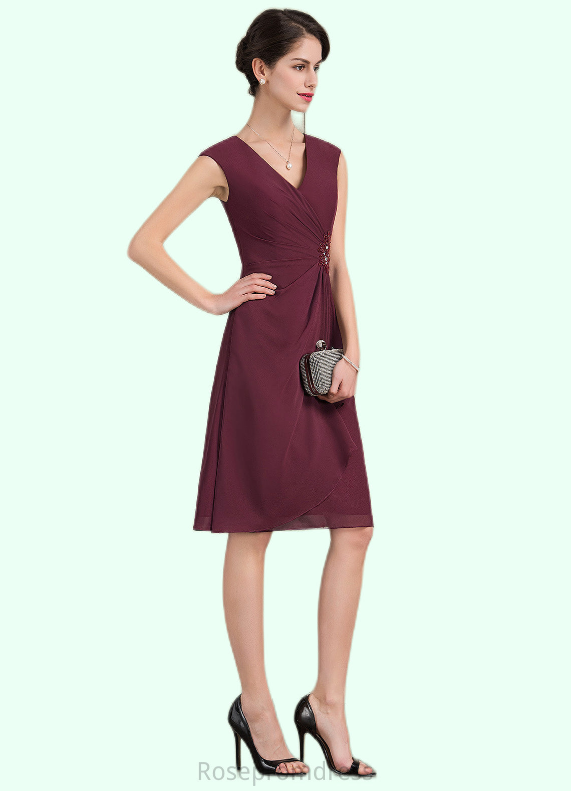 Abigail A-Line V-neck Knee-Length Chiffon Mother of the Bride Dress With Beading Sequins Cascading Ruffles SRS126P0014750