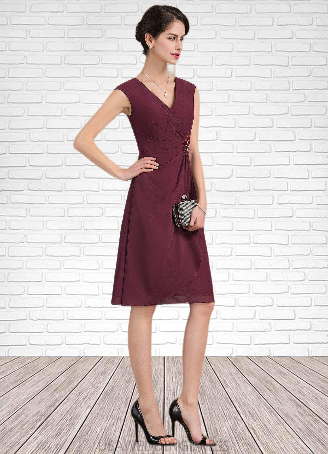 Renata A-Line V-neck Knee-Length Chiffon Mother of the Bride Dress With Beading Sequins Cascading Ruffles DS126P0014750