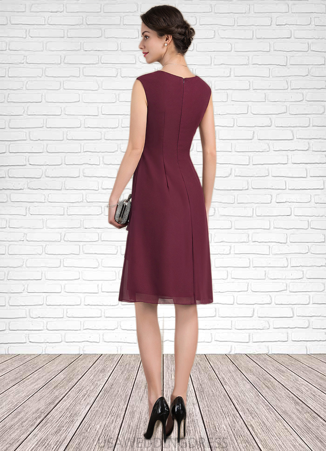 Renata A-Line V-neck Knee-Length Chiffon Mother of the Bride Dress With Beading Sequins Cascading Ruffles DS126P0014750