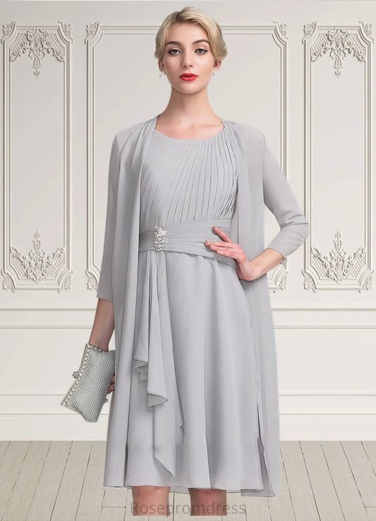 Linda A-Line Scoop Neck Knee-Length Chiffon Mother of the Bride Dress With Beading Cascading Ruffles SRS126P0014751