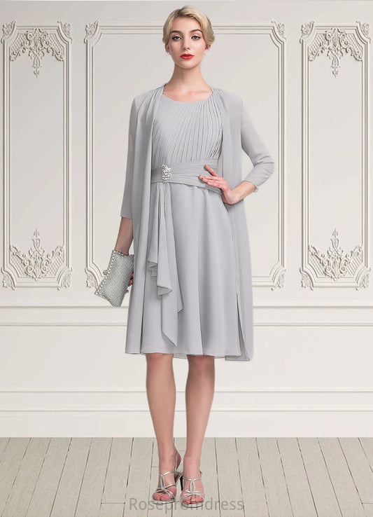 Linda A-Line Scoop Neck Knee-Length Chiffon Mother of the Bride Dress With Beading Cascading Ruffles SRS126P0014751