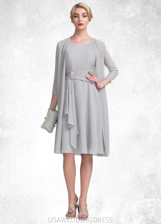 Sierra A-Line Scoop Neck Knee-Length Chiffon Mother of the Bride Dress With Beading Cascading Ruffles DS126P0014751