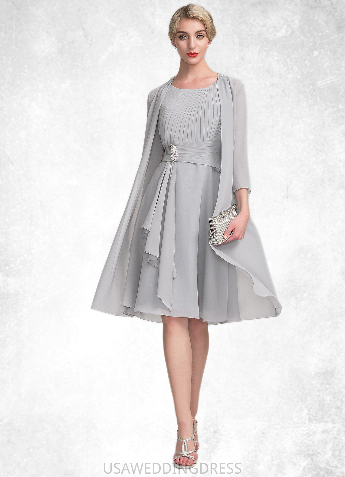 Sierra A-Line Scoop Neck Knee-Length Chiffon Mother of the Bride Dress With Beading Cascading Ruffles DS126P0014751