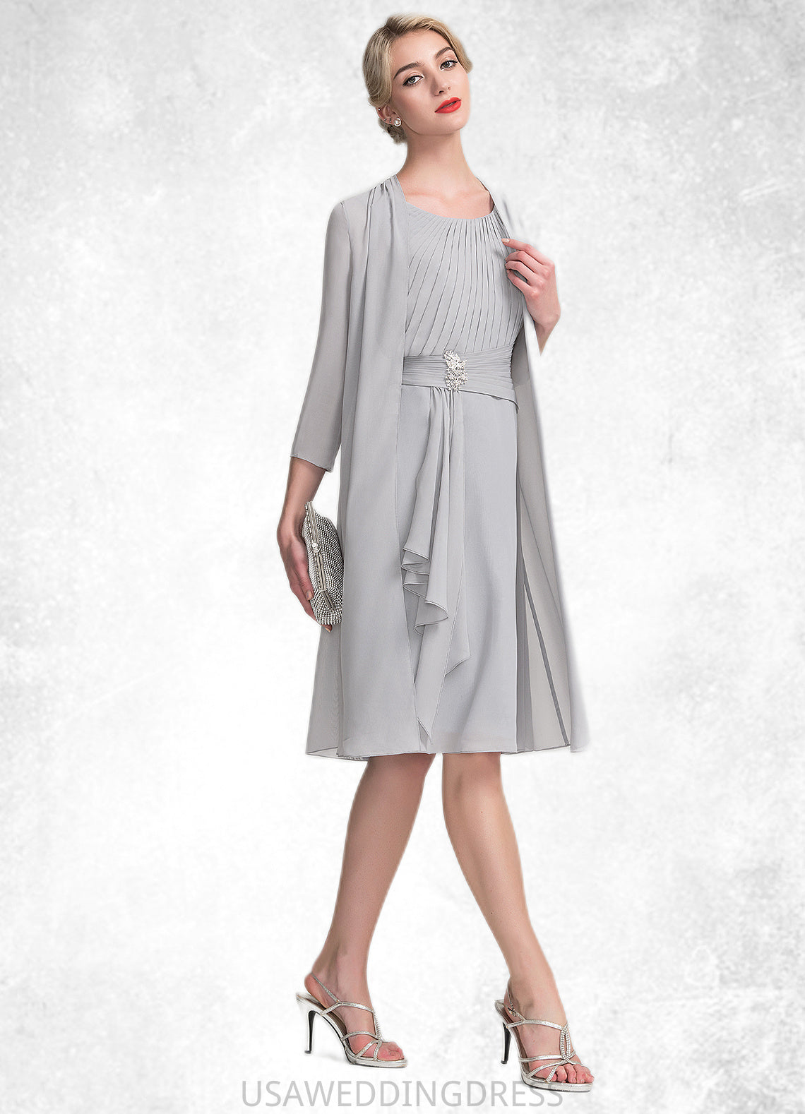 Sierra A-Line Scoop Neck Knee-Length Chiffon Mother of the Bride Dress With Beading Cascading Ruffles DS126P0014751