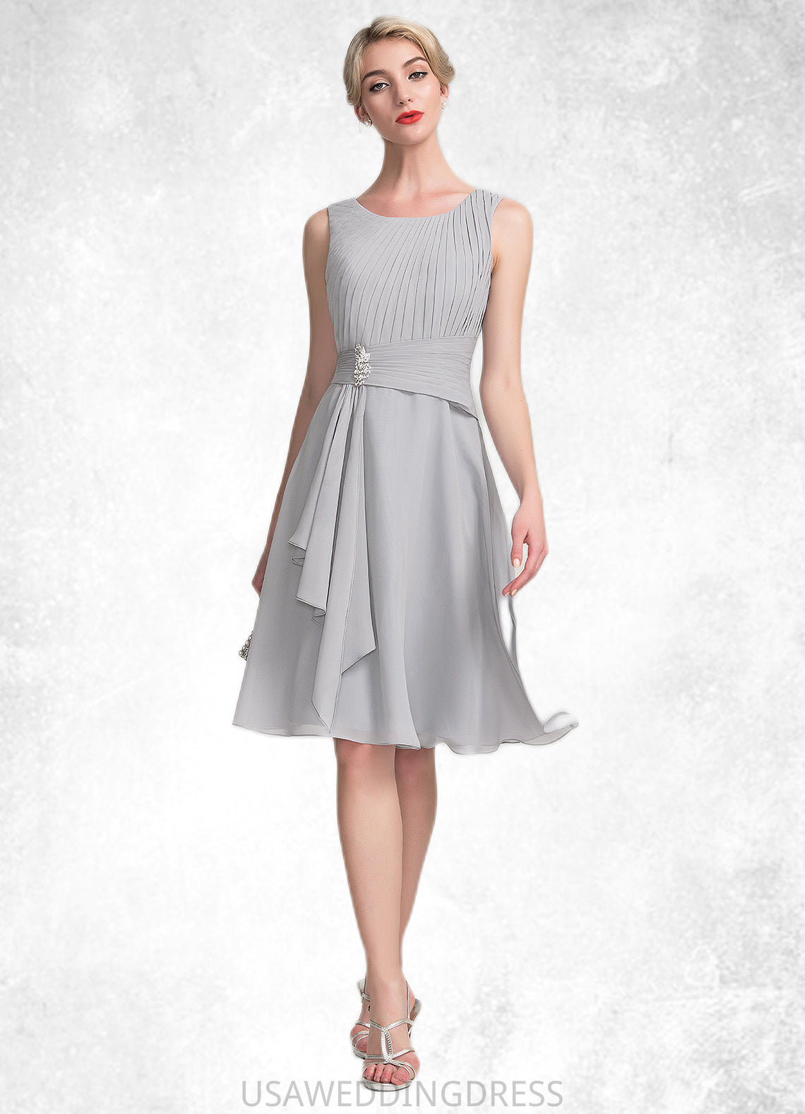 Sierra A-Line Scoop Neck Knee-Length Chiffon Mother of the Bride Dress With Beading Cascading Ruffles DS126P0014751