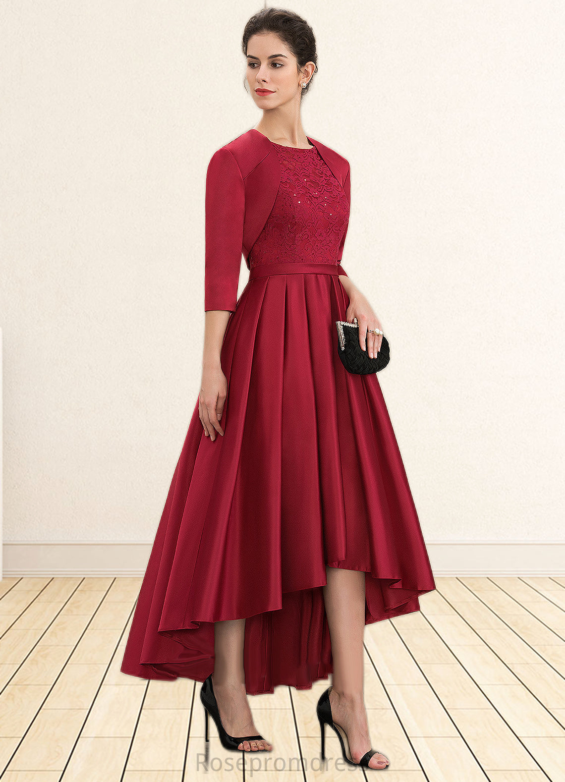 Avery A-Line Scoop Neck Asymmetrical Satin Lace Mother of the Bride Dress With Sequins SRS126P0014752