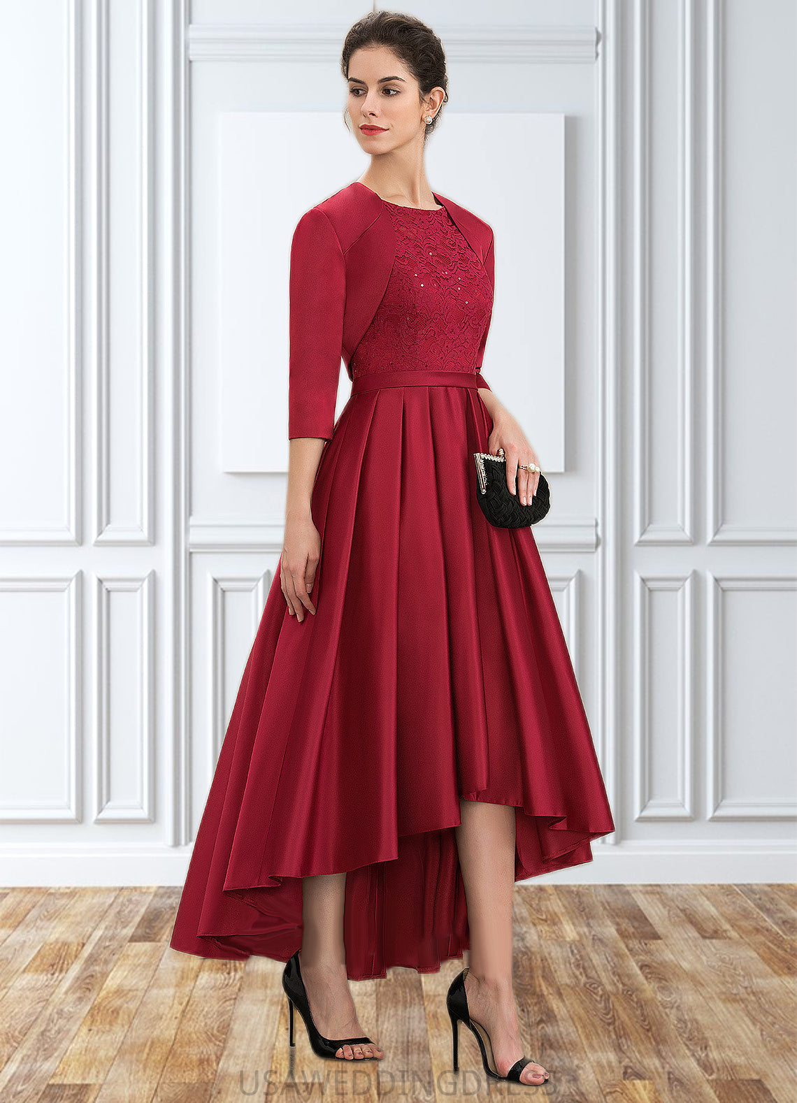 Paola A-Line Scoop Neck Asymmetrical Satin Lace Mother of the Bride Dress With Sequins DS126P0014752