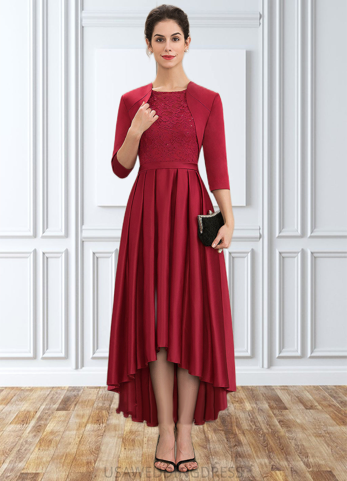 Paola A-Line Scoop Neck Asymmetrical Satin Lace Mother of the Bride Dress With Sequins DS126P0014752