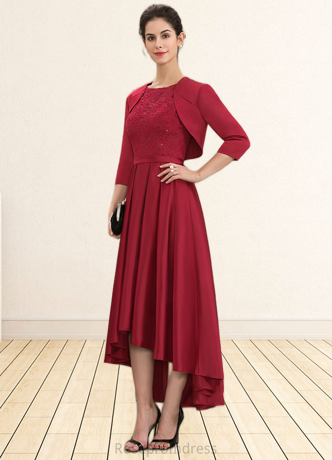 Avery A-Line Scoop Neck Asymmetrical Satin Lace Mother of the Bride Dress With Sequins SRS126P0014752