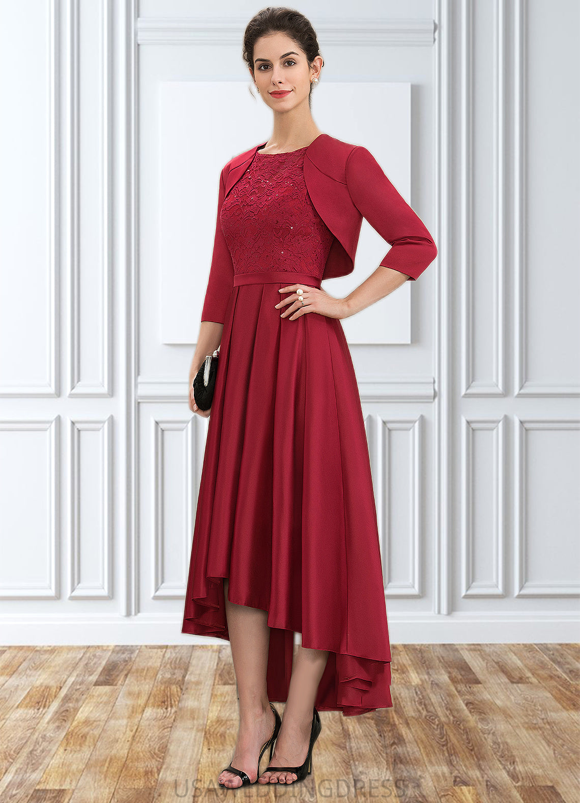 Paola A-Line Scoop Neck Asymmetrical Satin Lace Mother of the Bride Dress With Sequins DS126P0014752