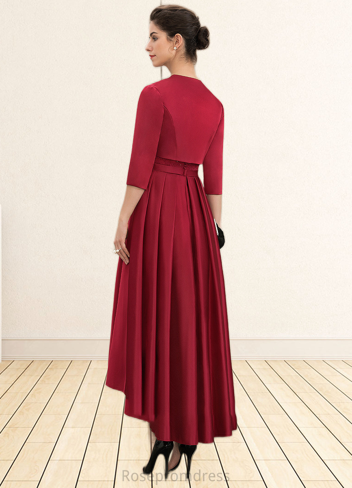 Avery A-Line Scoop Neck Asymmetrical Satin Lace Mother of the Bride Dress With Sequins SRS126P0014752