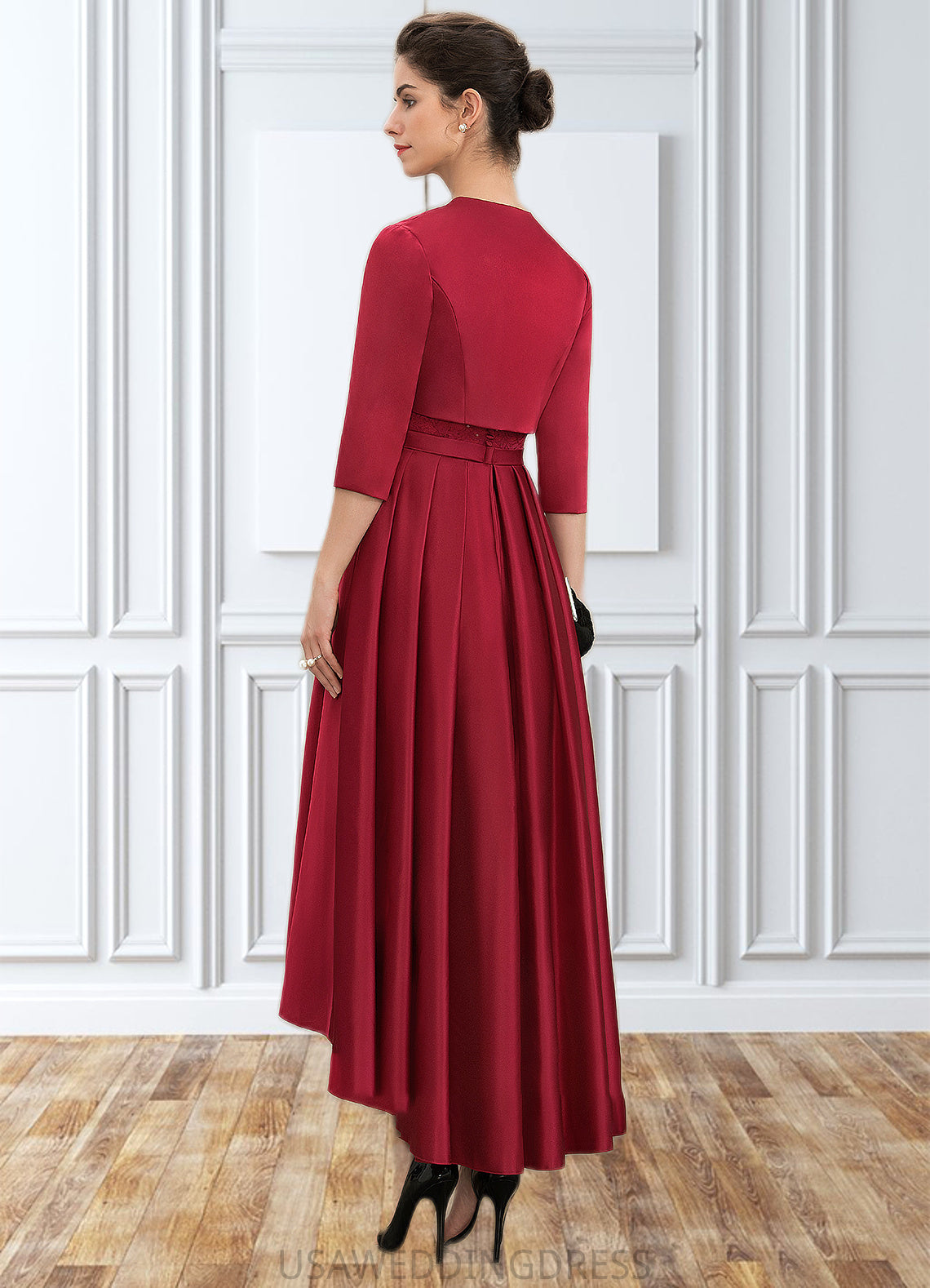 Paola A-Line Scoop Neck Asymmetrical Satin Lace Mother of the Bride Dress With Sequins DS126P0014752