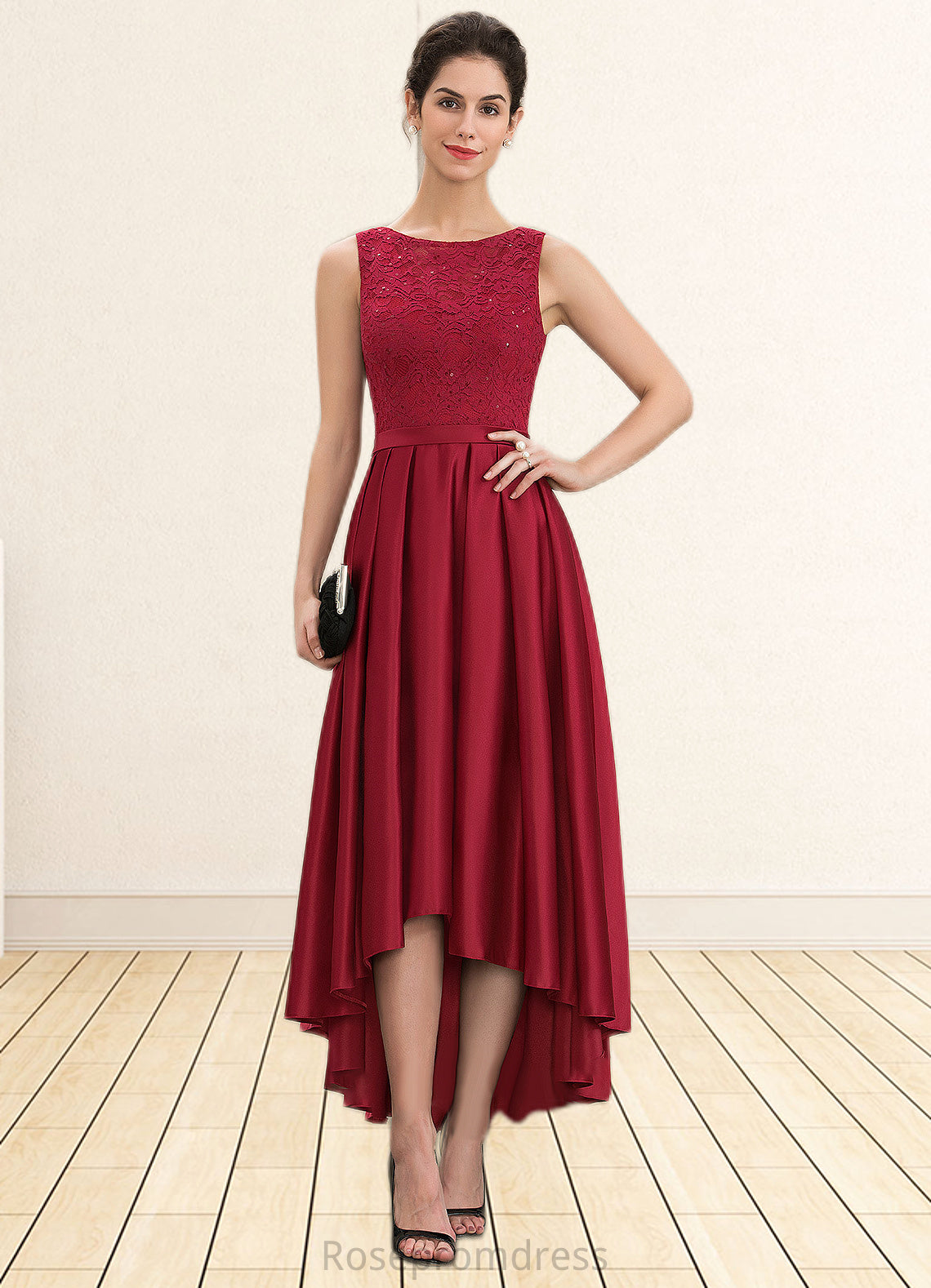 Avery A-Line Scoop Neck Asymmetrical Satin Lace Mother of the Bride Dress With Sequins SRS126P0014752