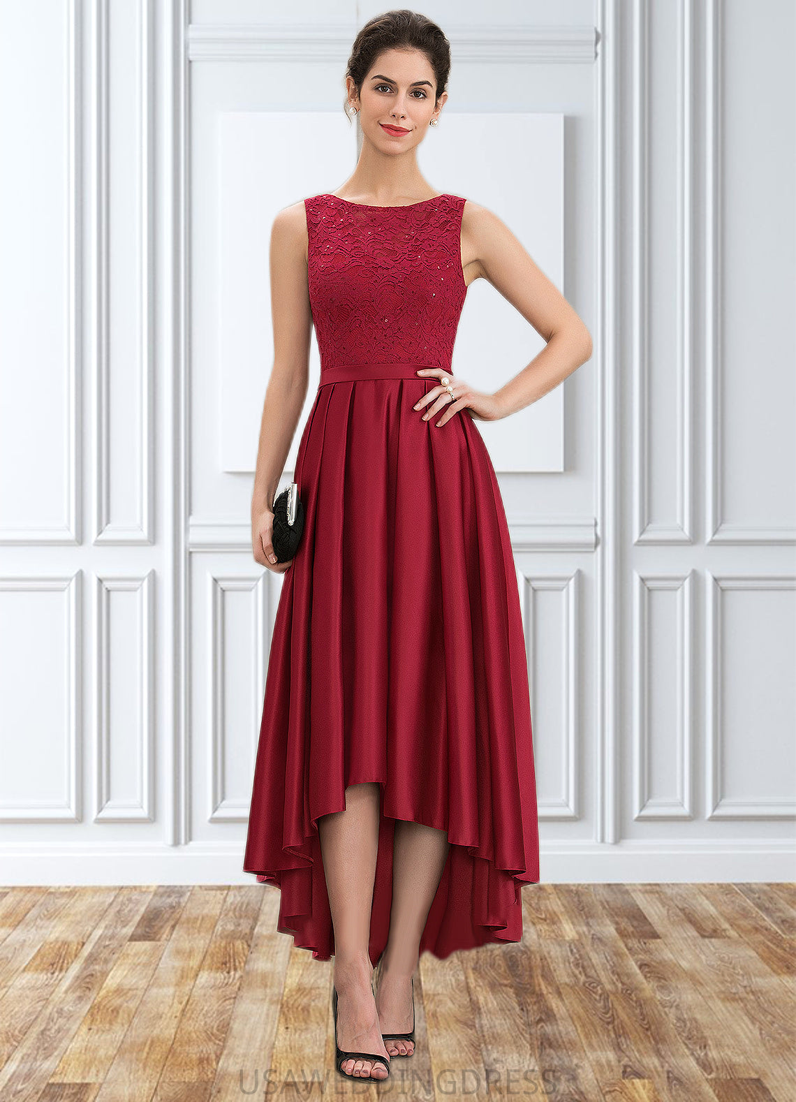 Paola A-Line Scoop Neck Asymmetrical Satin Lace Mother of the Bride Dress With Sequins DS126P0014752