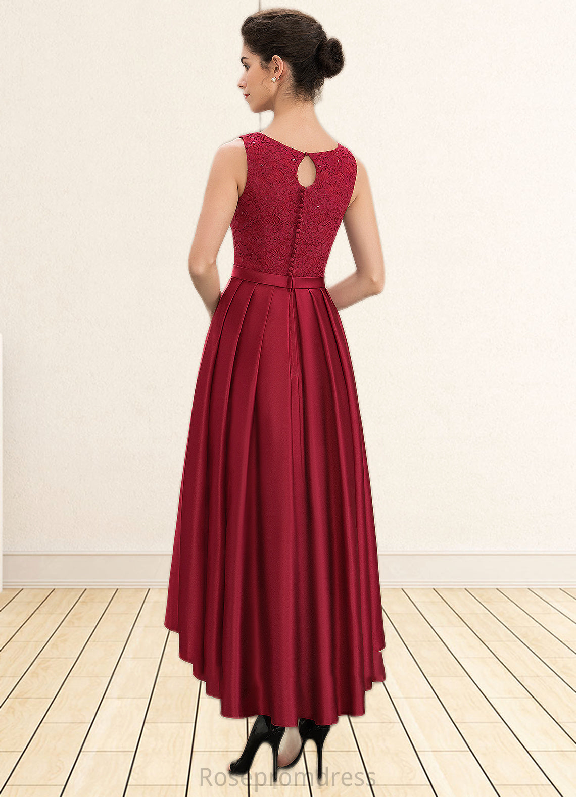 Avery A-Line Scoop Neck Asymmetrical Satin Lace Mother of the Bride Dress With Sequins SRS126P0014752