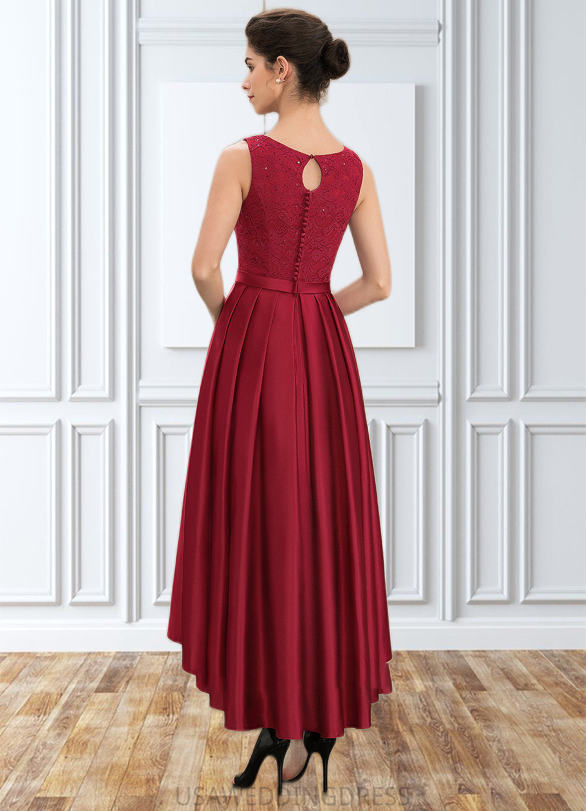 Paola A-Line Scoop Neck Asymmetrical Satin Lace Mother of the Bride Dress With Sequins DS126P0014752