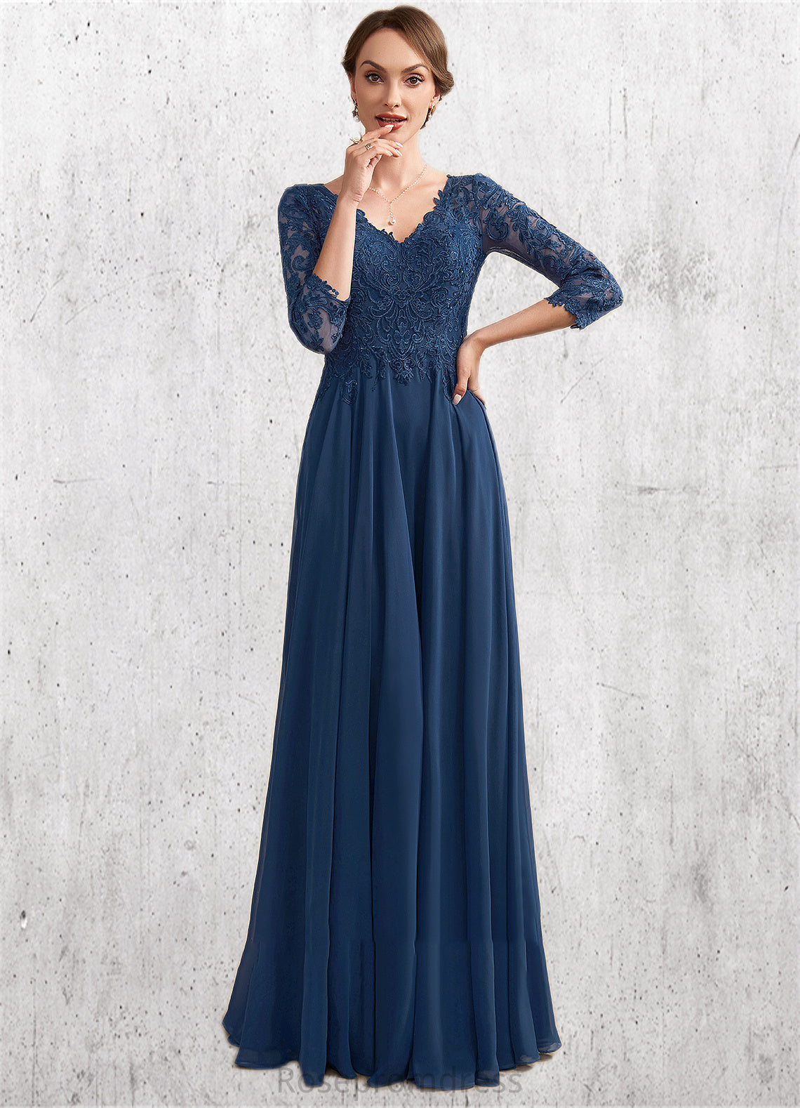 Livia A-Line V-neck Floor-Length Chiffon Lace Mother of the Bride Dress SRS126P0014753