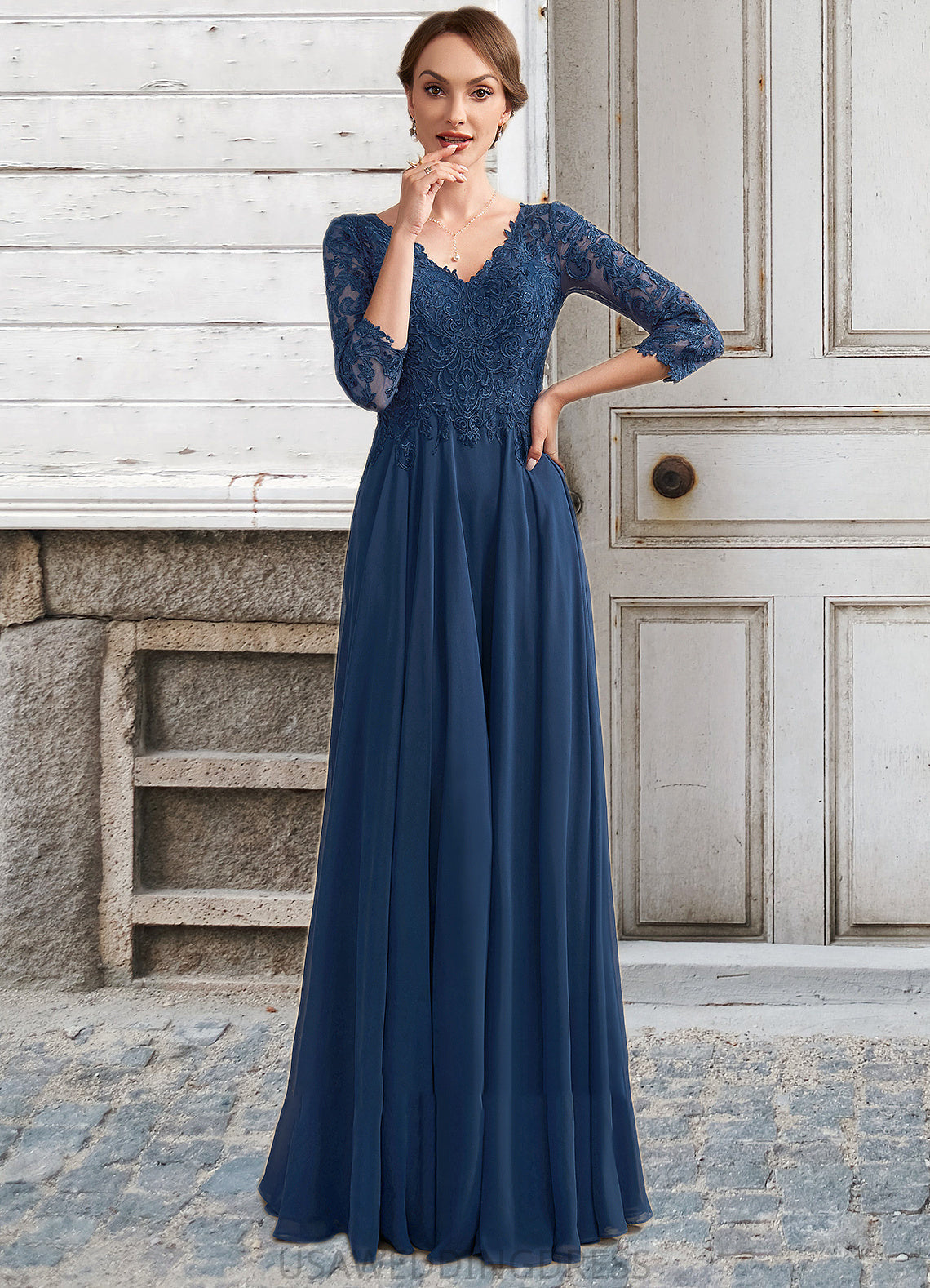 Maisie A-Line V-neck Floor-Length Chiffon Lace Mother of the Bride Dress DS126P0014753