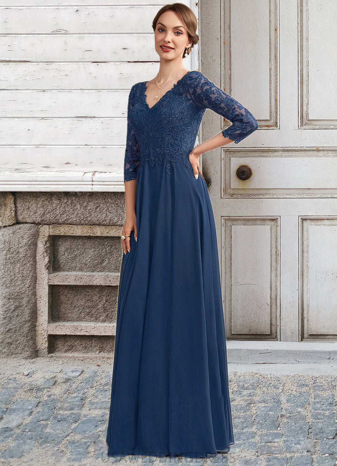 Maisie A-Line V-neck Floor-Length Chiffon Lace Mother of the Bride Dress DS126P0014753