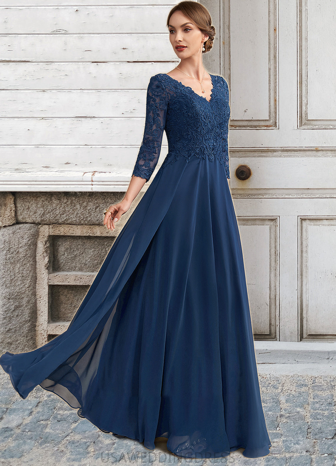 Maisie A-Line V-neck Floor-Length Chiffon Lace Mother of the Bride Dress DS126P0014753