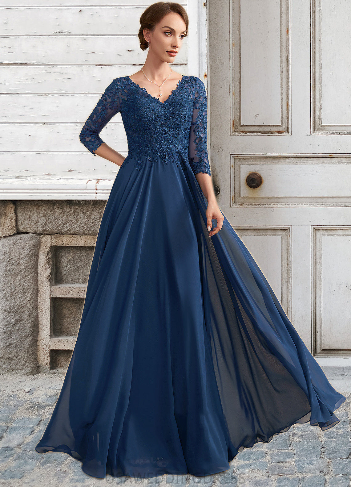 Maisie A-Line V-neck Floor-Length Chiffon Lace Mother of the Bride Dress DS126P0014753