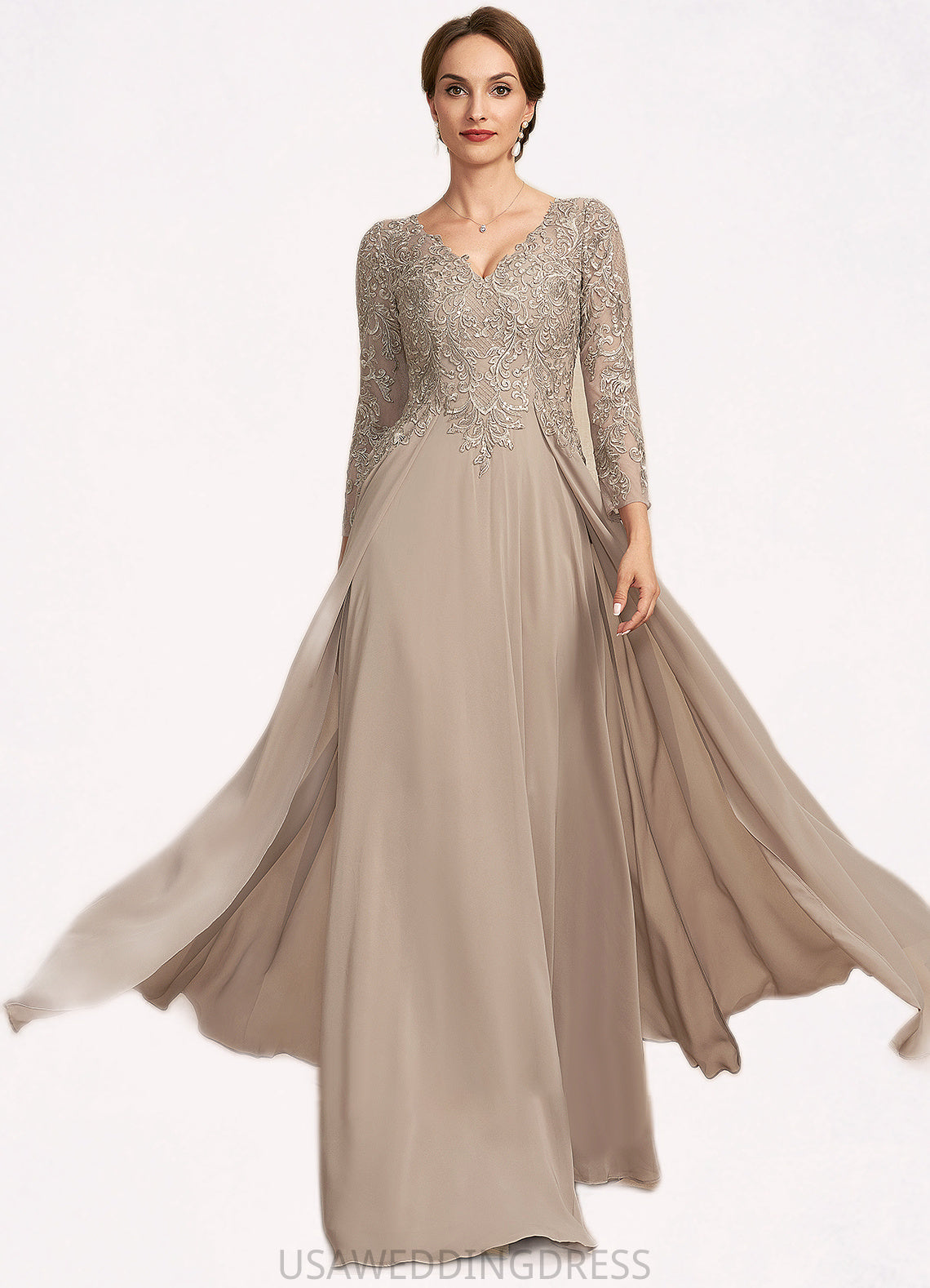 Bella A-Line V-neck Floor-Length Chiffon Lace Mother of the Bride Dress DS126P0014754