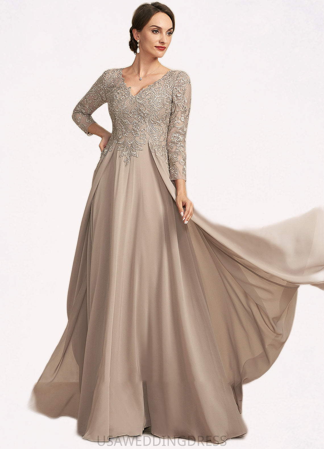 Bella A-Line V-neck Floor-Length Chiffon Lace Mother of the Bride Dress DS126P0014754