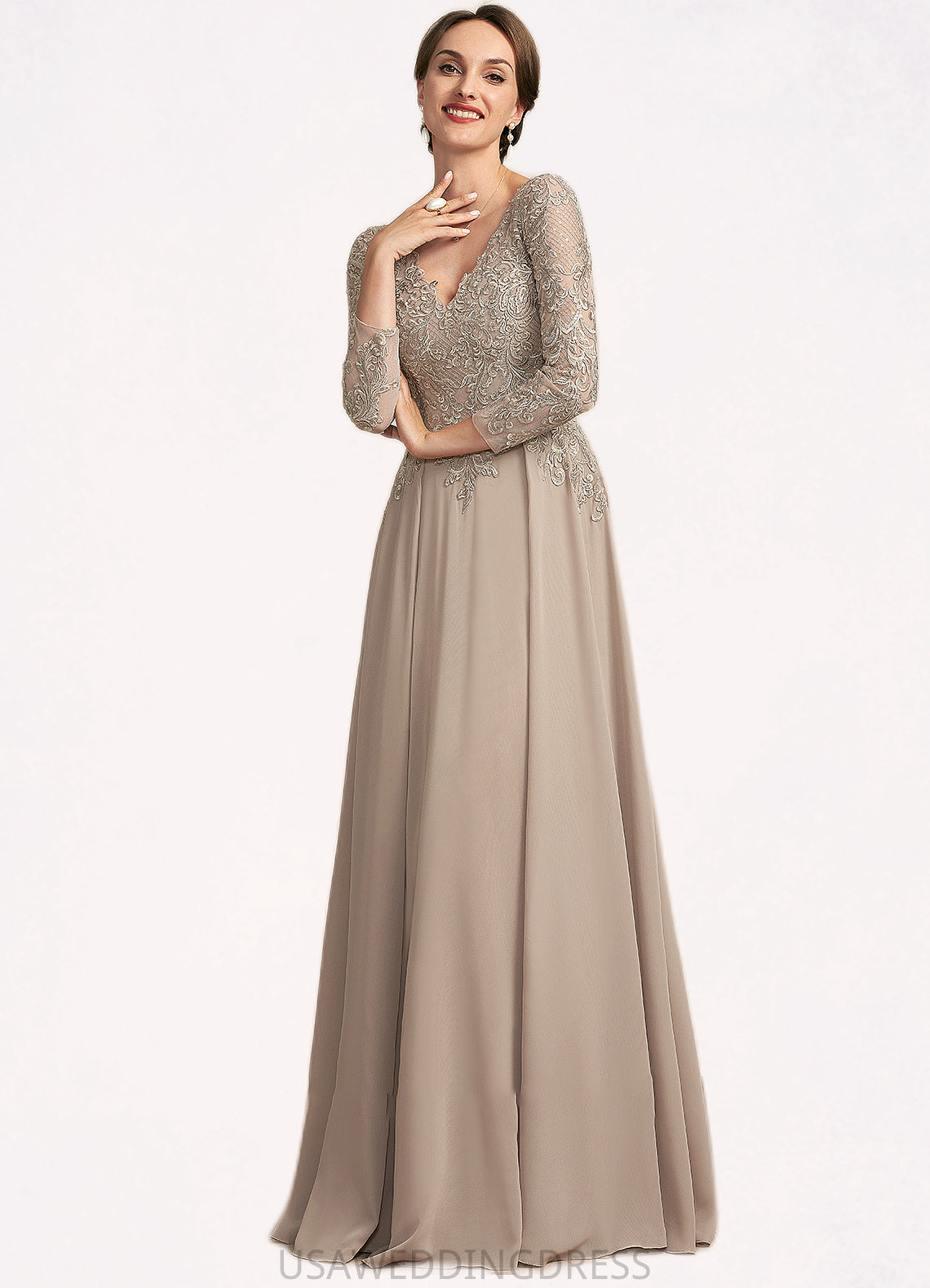 Bella A-Line V-neck Floor-Length Chiffon Lace Mother of the Bride Dress DS126P0014754
