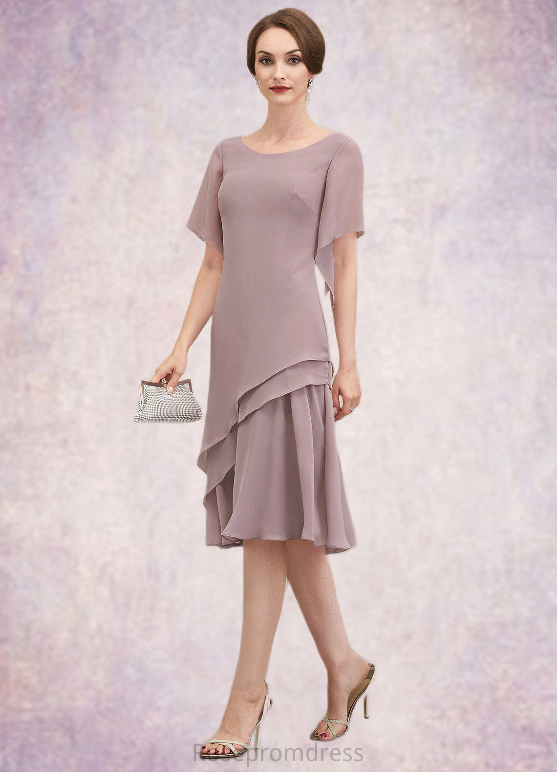 Monica A-Line Scoop Neck Knee-Length Chiffon Mother of the Bride Dress With Cascading Ruffles SRS126P0014755