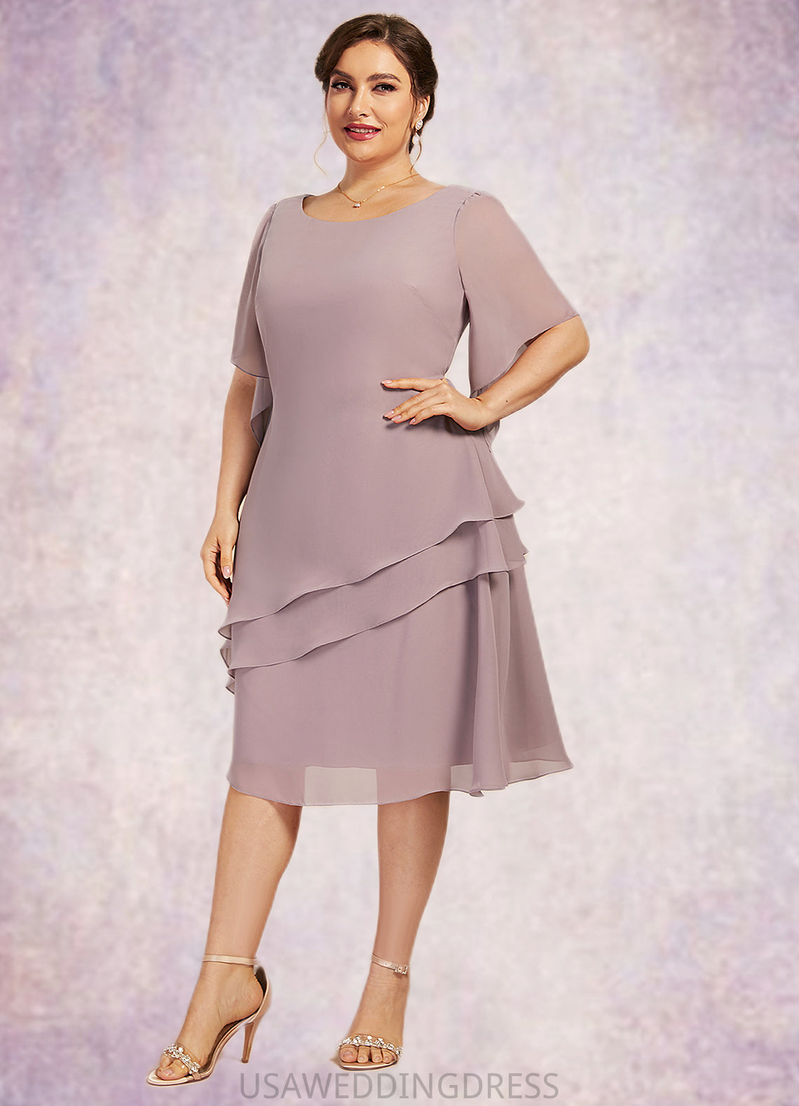 Mary A-Line Scoop Neck Knee-Length Chiffon Mother of the Bride Dress With Cascading Ruffles DS126P0014755