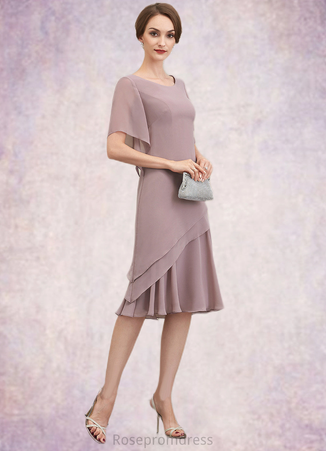 Monica A-Line Scoop Neck Knee-Length Chiffon Mother of the Bride Dress With Cascading Ruffles SRS126P0014755