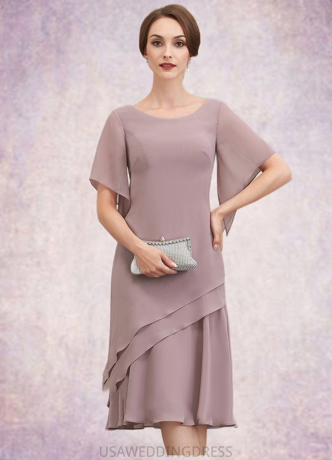Mary A-Line Scoop Neck Knee-Length Chiffon Mother of the Bride Dress With Cascading Ruffles DS126P0014755
