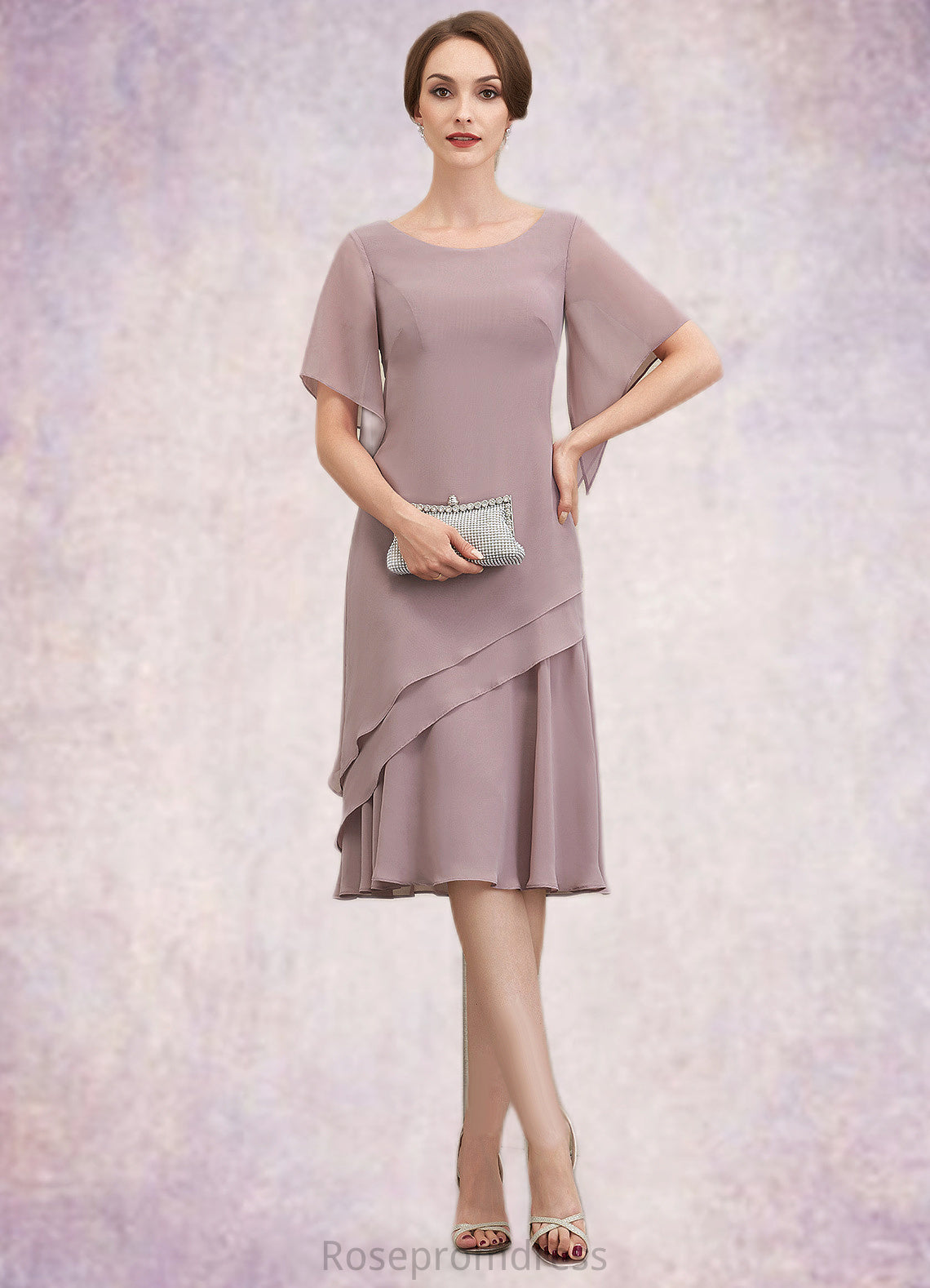 Monica A-Line Scoop Neck Knee-Length Chiffon Mother of the Bride Dress With Cascading Ruffles SRS126P0014755