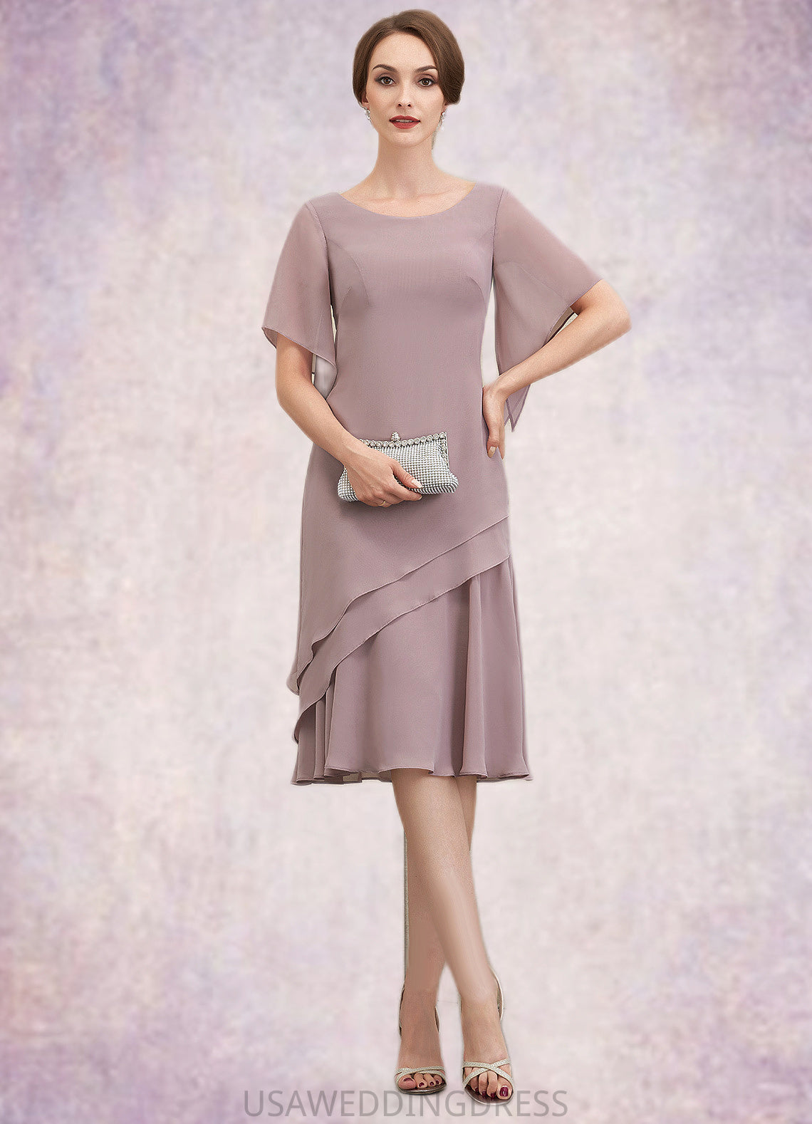 Mary A-Line Scoop Neck Knee-Length Chiffon Mother of the Bride Dress With Cascading Ruffles DS126P0014755