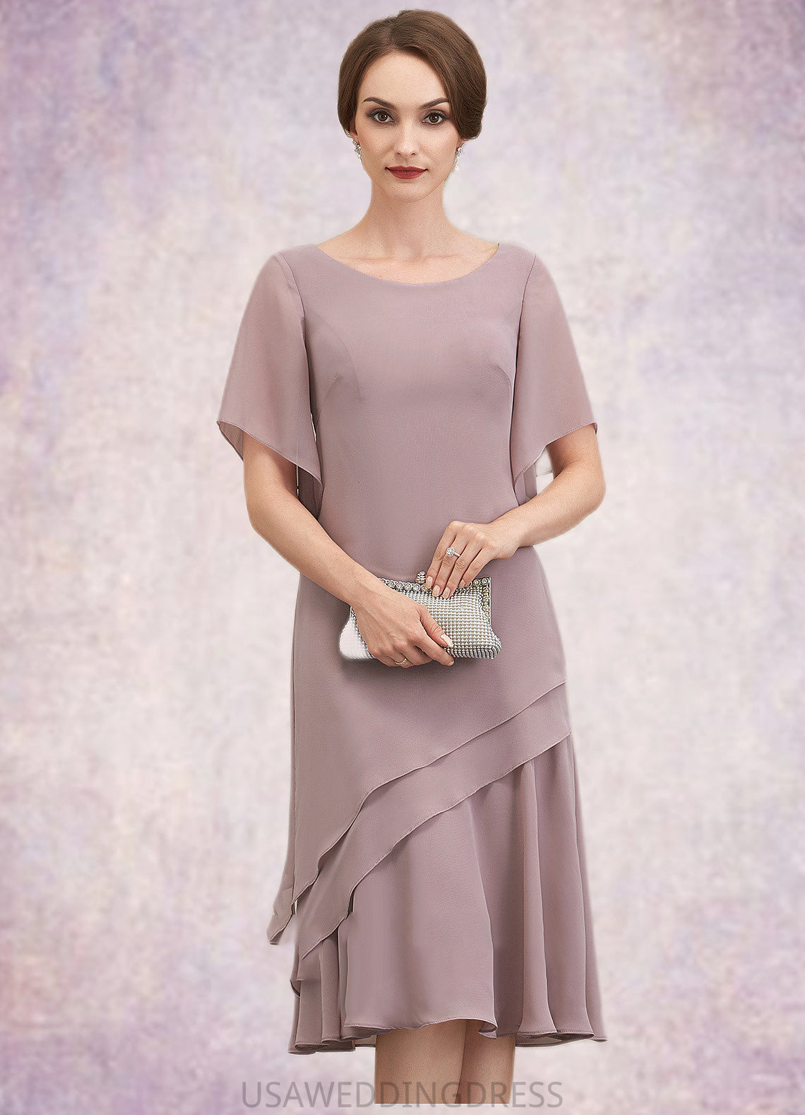 Mary A-Line Scoop Neck Knee-Length Chiffon Mother of the Bride Dress With Cascading Ruffles DS126P0014755