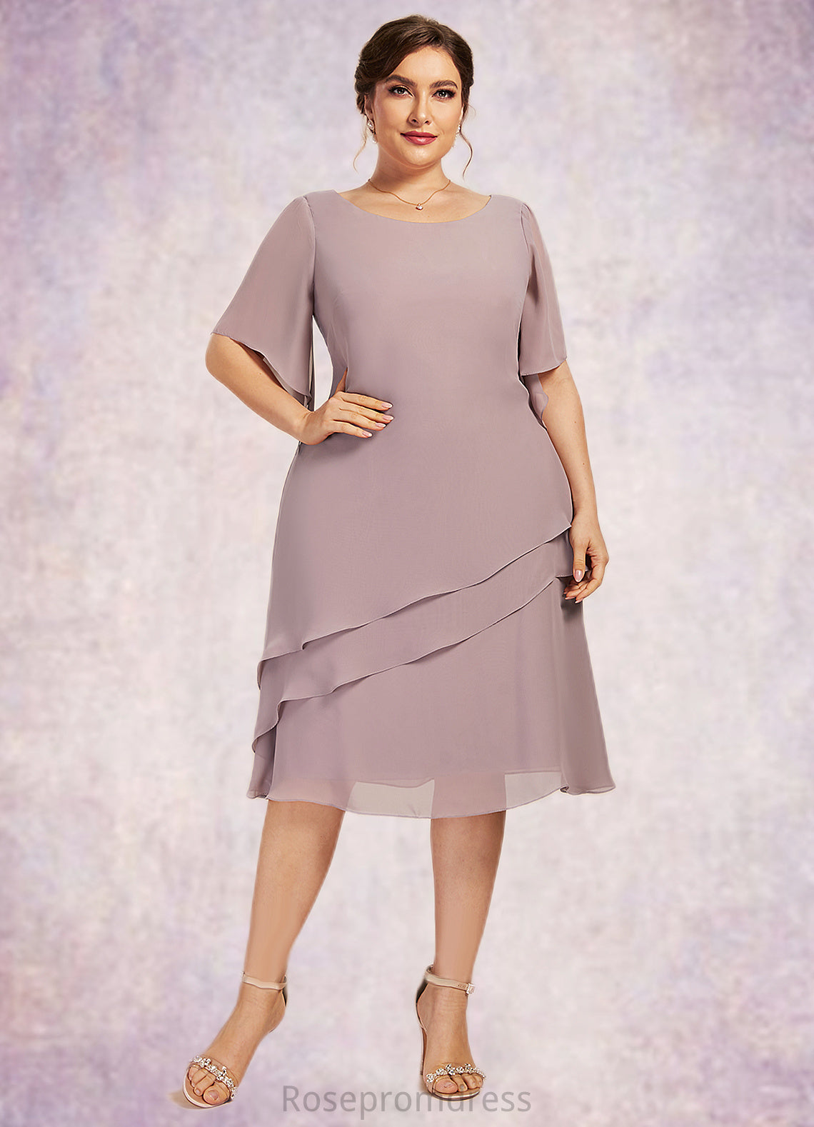 Monica A-Line Scoop Neck Knee-Length Chiffon Mother of the Bride Dress With Cascading Ruffles SRS126P0014755