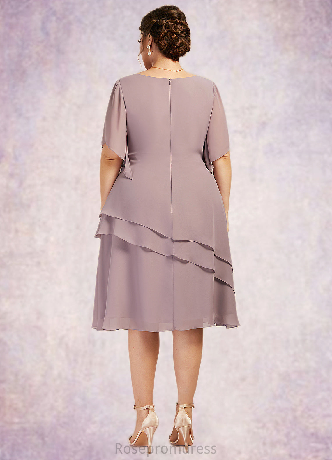 Monica A-Line Scoop Neck Knee-Length Chiffon Mother of the Bride Dress With Cascading Ruffles SRS126P0014755
