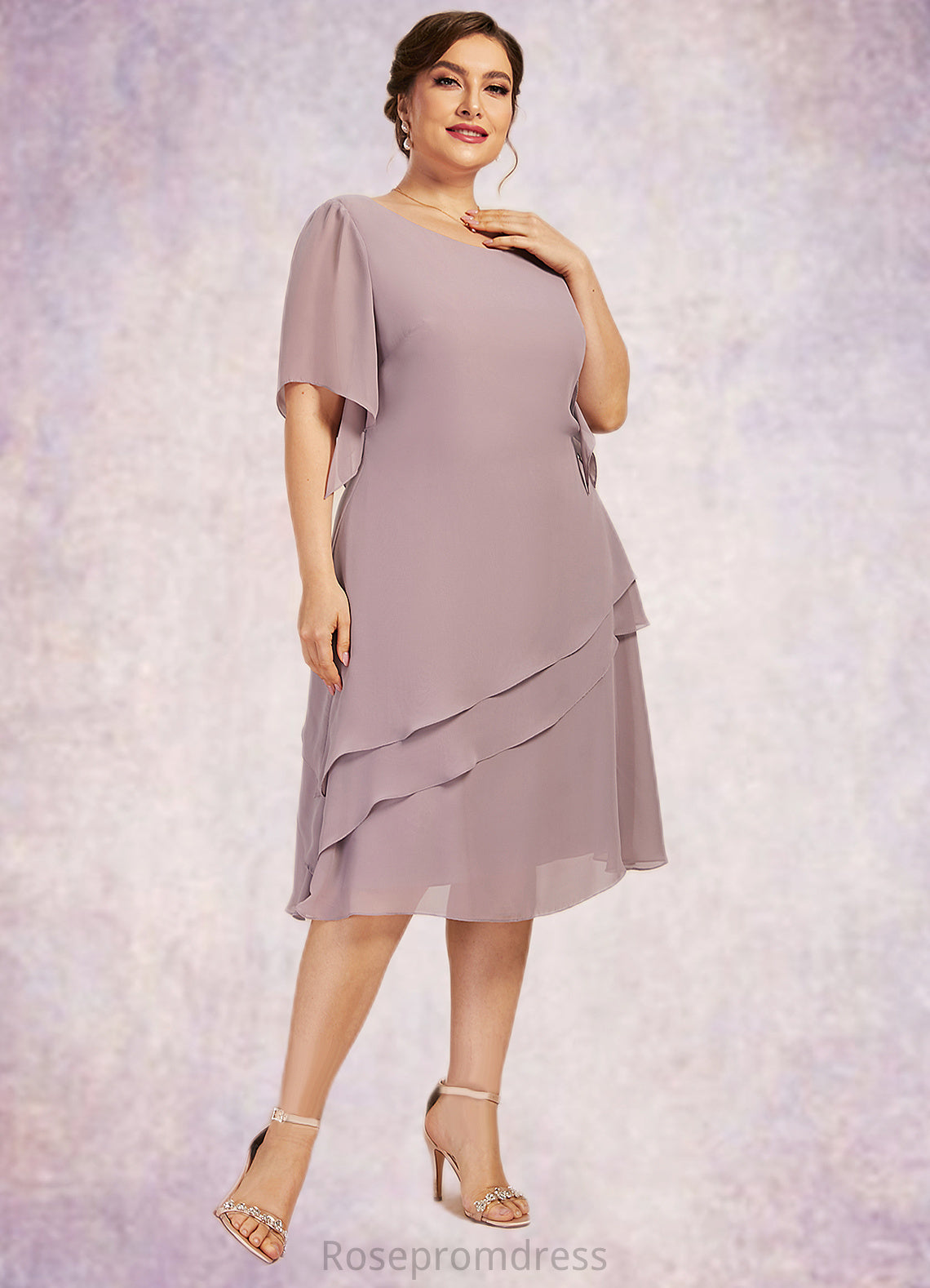 Monica A-Line Scoop Neck Knee-Length Chiffon Mother of the Bride Dress With Cascading Ruffles SRS126P0014755