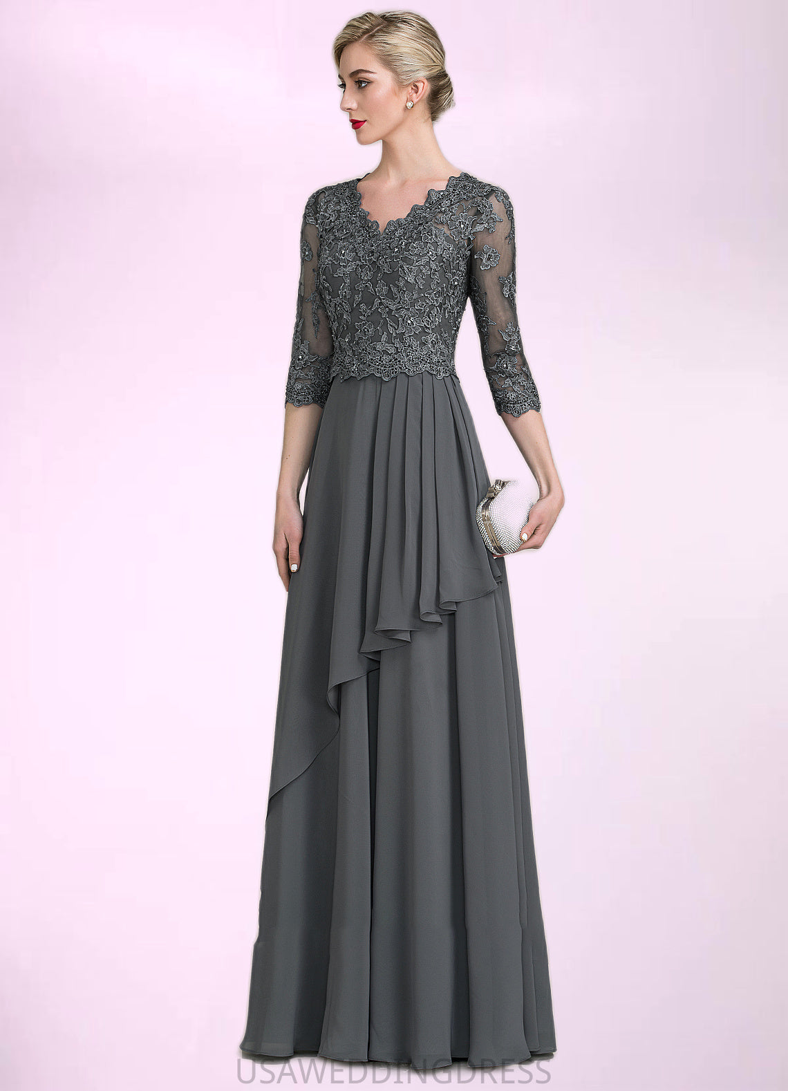 Lucile A-Line V-neck Floor-Length Chiffon Lace Mother of the Bride Dress With Beading Sequins Cascading Ruffles DS126P0014756