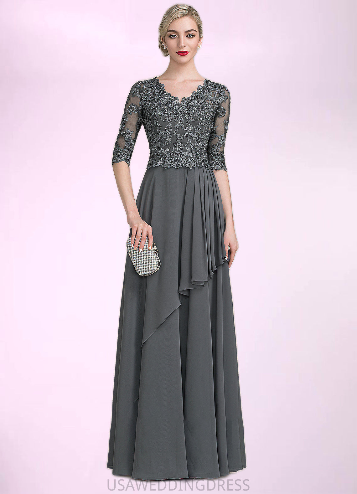 Lucile A-Line V-neck Floor-Length Chiffon Lace Mother of the Bride Dress With Beading Sequins Cascading Ruffles DS126P0014756