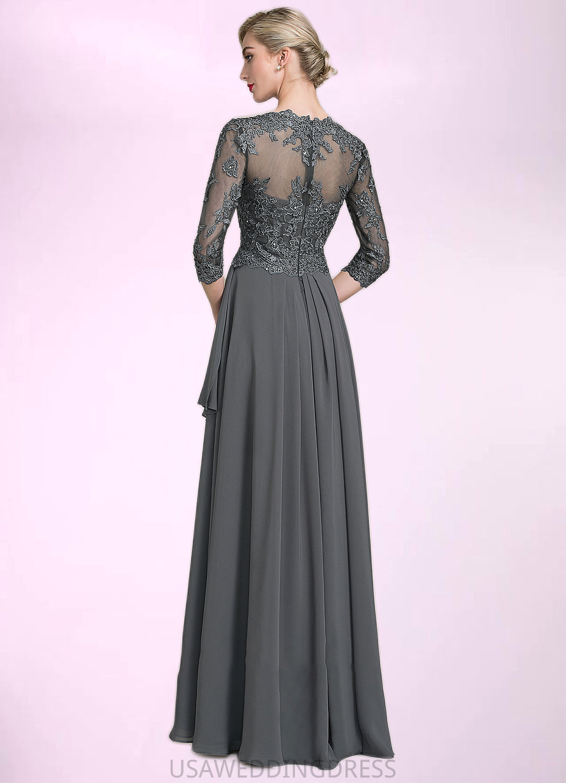 Lucile A-Line V-neck Floor-Length Chiffon Lace Mother of the Bride Dress With Beading Sequins Cascading Ruffles DS126P0014756