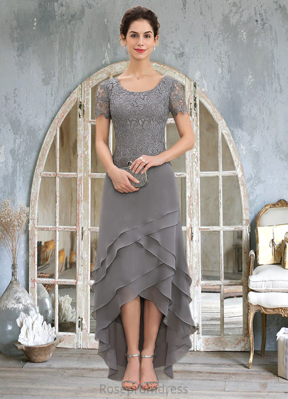 Jayden A-Line Scoop Neck Asymmetrical Chiffon Lace Mother of the Bride Dress With Cascading Ruffles SRS126P0014757