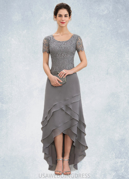 Kathy A-Line Scoop Neck Asymmetrical Chiffon Lace Mother of the Bride Dress With Cascading Ruffles DS126P0014757