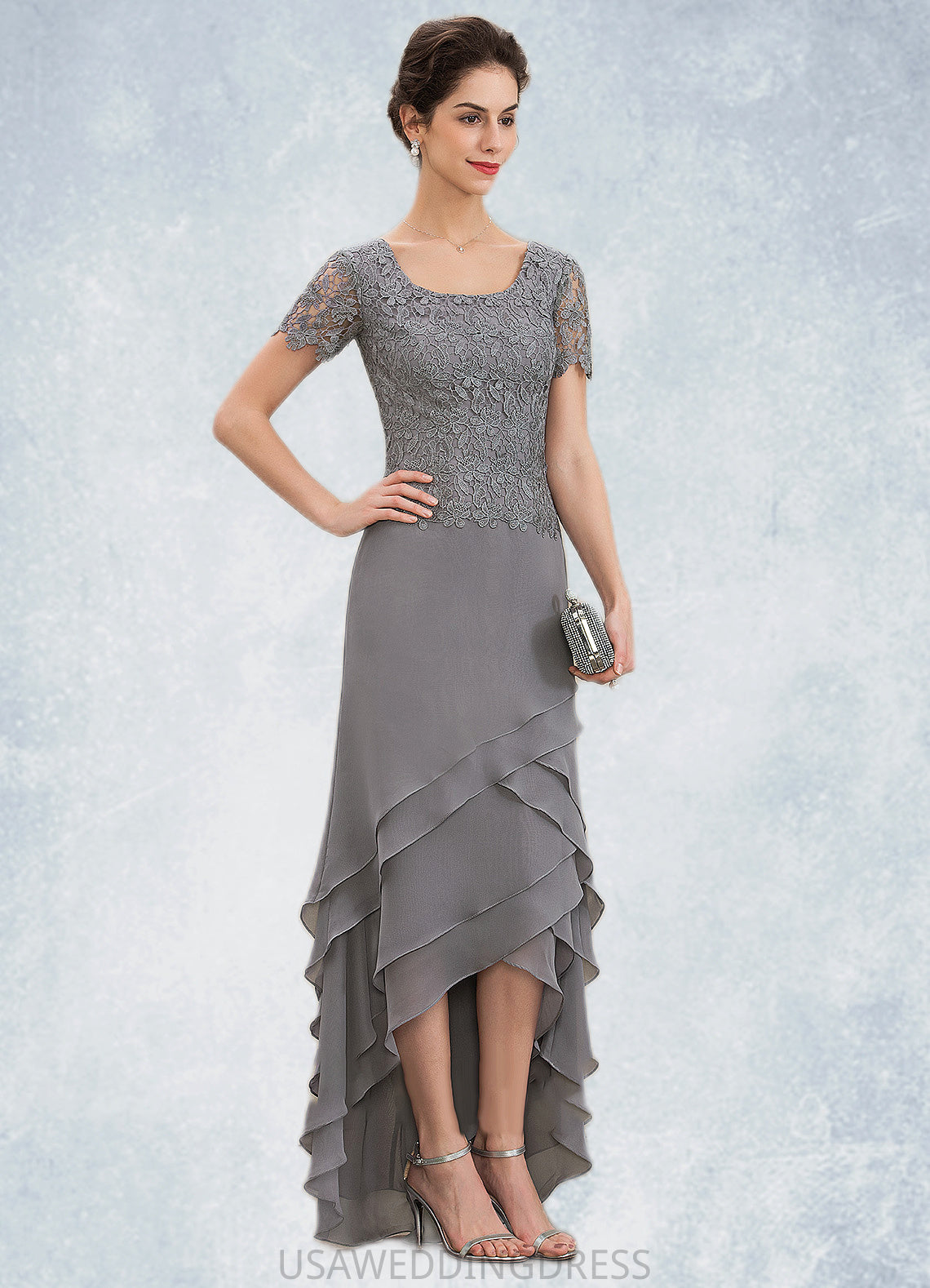 Kathy A-Line Scoop Neck Asymmetrical Chiffon Lace Mother of the Bride Dress With Cascading Ruffles DS126P0014757
