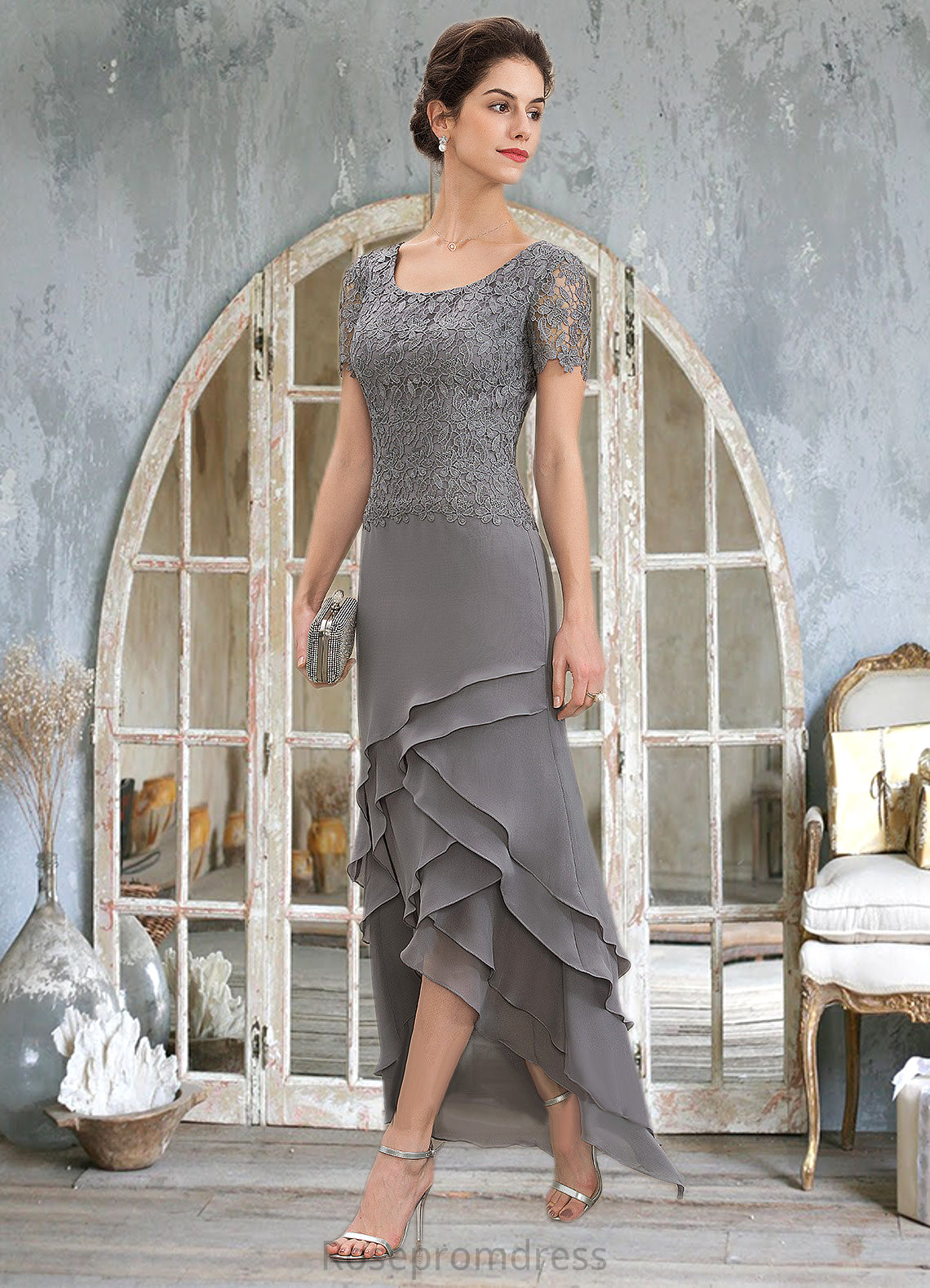 Jayden A-Line Scoop Neck Asymmetrical Chiffon Lace Mother of the Bride Dress With Cascading Ruffles SRS126P0014757