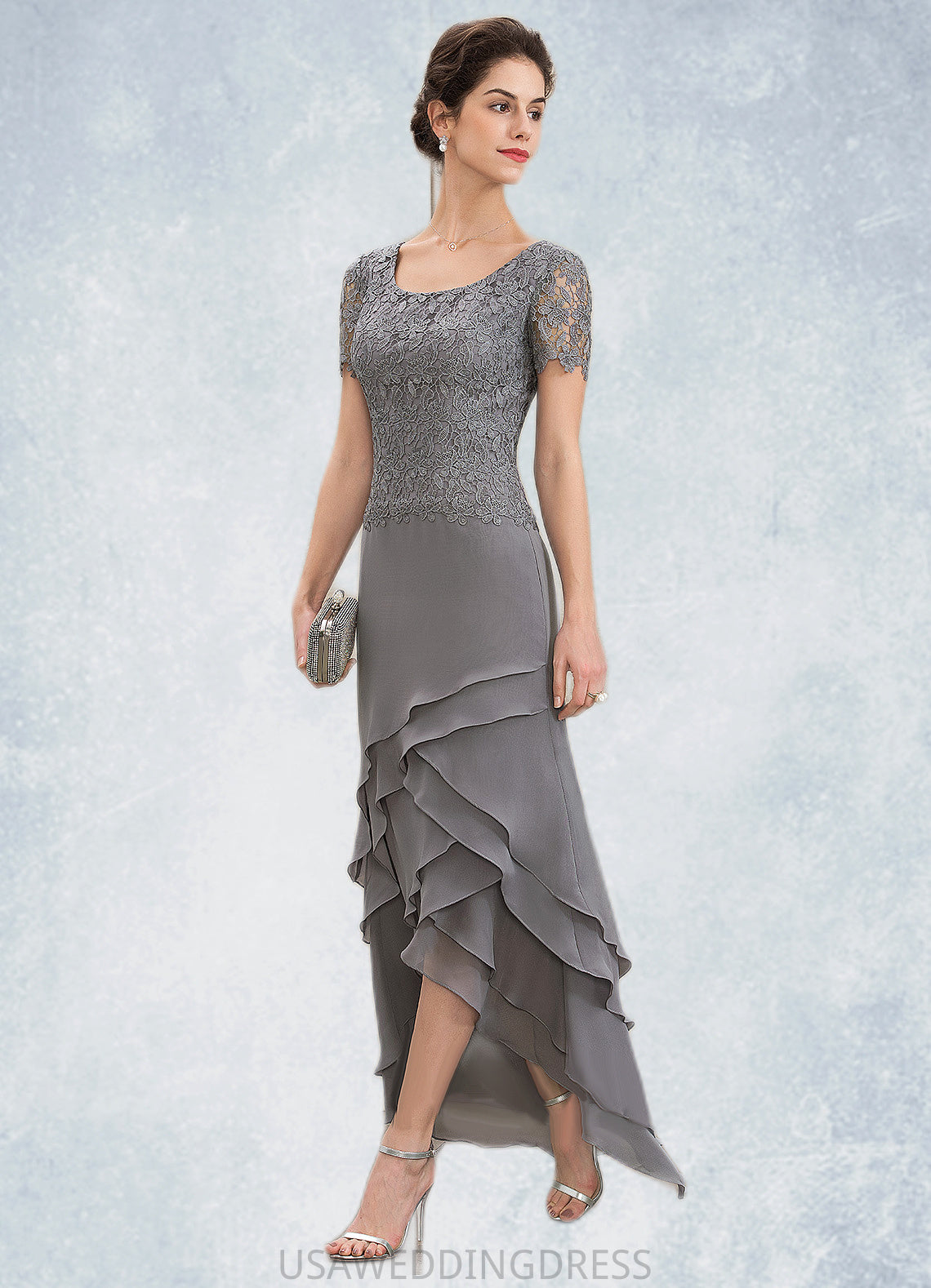Kathy A-Line Scoop Neck Asymmetrical Chiffon Lace Mother of the Bride Dress With Cascading Ruffles DS126P0014757