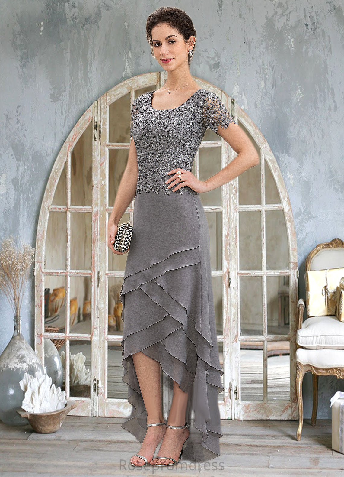 Jayden A-Line Scoop Neck Asymmetrical Chiffon Lace Mother of the Bride Dress With Cascading Ruffles SRS126P0014757