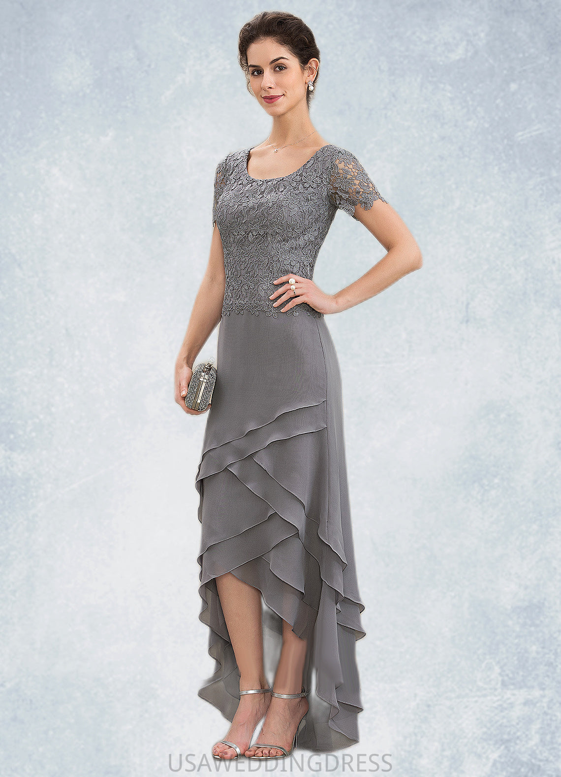 Kathy A-Line Scoop Neck Asymmetrical Chiffon Lace Mother of the Bride Dress With Cascading Ruffles DS126P0014757